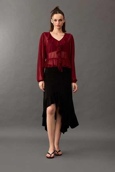 DeFacto V Neck Chiffon Flounced Long Sleeve Blouse G0331Ax25Sm