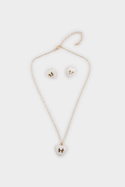 DeFacto Women's White Stone Bow Detailed Necklace Earring Set F0750Axns