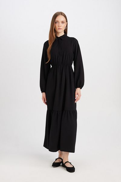 DeFacto Shirt Neck Long Sleeve Maxi Dress - Solid Button and Waist Drawstring D5851Ax25Sp