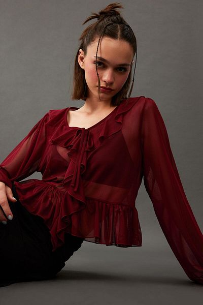 DeFacto V Neck Chiffon Flounced Long Sleeve Blouse G0331Ax25Sm