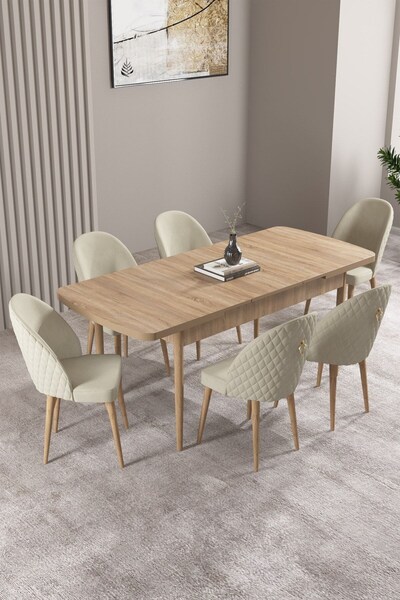asaella mobilya Milas Meşe Desen 80x132 Açılabilir Mdf Masa Yemek Odası Takımı, Mutfak Takımı 6 Adet Sandalye
