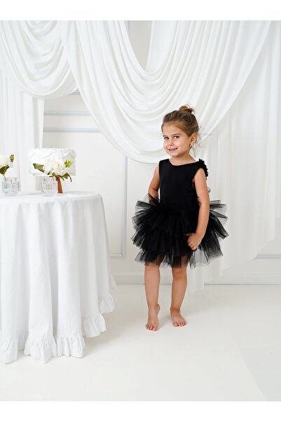 My Baby By Merry فستان باليه أسود مع تفاصيل زهرية