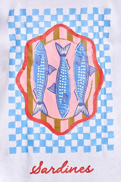 The Champ Clothing Women's Oversize Summer White Fish Pattern Casual T-Shirt – Sardines Printed Fashion