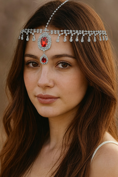 TAKIŞTIR Gümüş Renk Kırmızı Taş Detaylı Alınlık/Kına Aksesuarı
