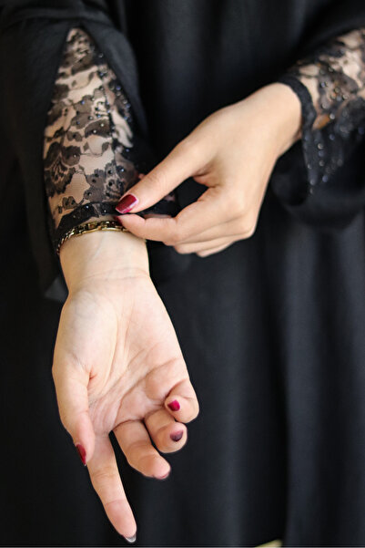 outline Black abaya with lace and crystal sleeves