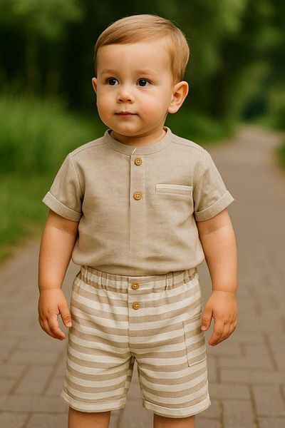 CEVVALMİNİMEN Linen Shirt Double Set with Striped Shorts