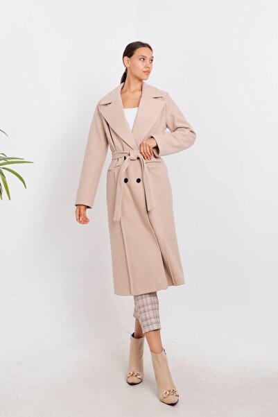 Genel Markalar DADALİ Kruvaze Kuşaklı Cepli Uzun Kaban Ekru