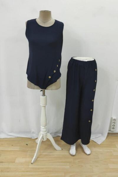 Mossta Button Detailed Sleeveless Blouse and Wide Leg Trousers Set - Navy Blue