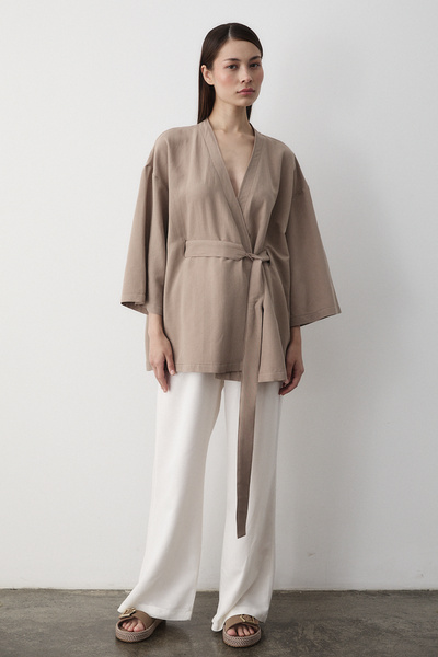 Laluvia Mléčně hnědé vnitřní páskové kimono Fakir Sleeve - 5383