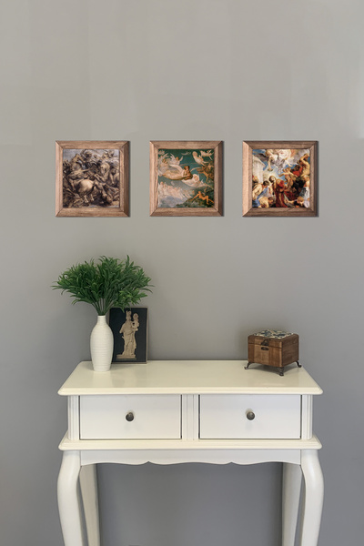 Oscar Stone Decor Masif (ahşap) Çerçeveli 3'lü Set Taş Tablo Pano 28x28 Cm Rönesans Eserleri Seti