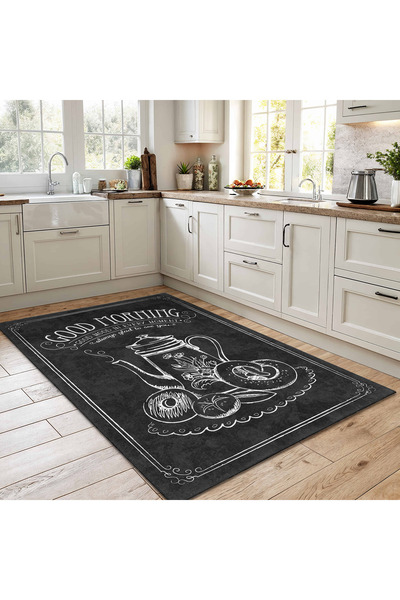Realhomes Retro Siyah Zeminli Mutfak Yazılı Halı - Yıkanabilir Kaymaz Tabanlı
