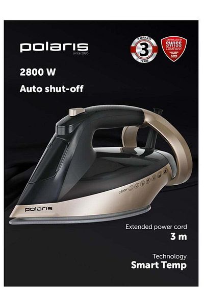 Polaris Electric Steam Iron PIR2852AK, 3M Smart Temp, PRO 5 Ultra-Resistant Ceramic Coating, Black/G