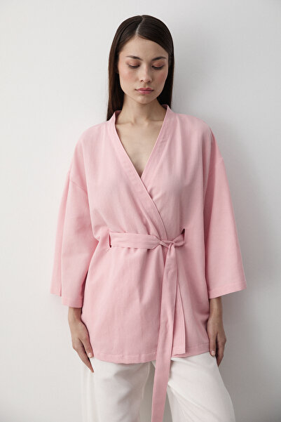 Laluvia Pink Inner Belted Poor Sleeve Kimono - 5383