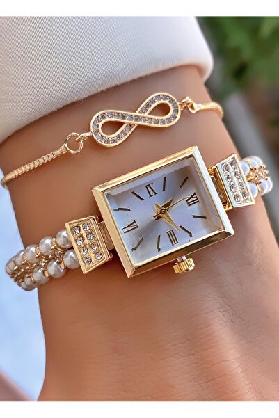 Merand Altın Kaplama İnci Detaylı Kadın Kol Saati ve Güneş Figürlü Bileklik K...