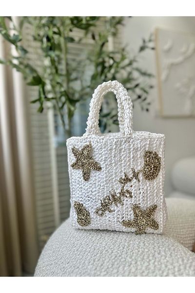blancaston Straw Hand Knitted Motif Bag