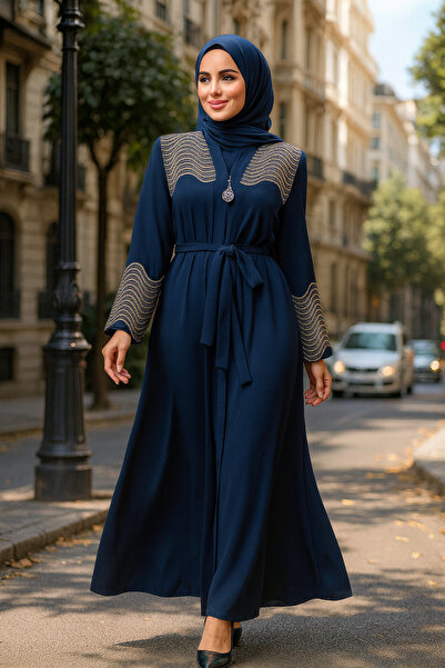 Neva Style حجاب منقوش باللون الأزرق الداكن Ferace 29105L