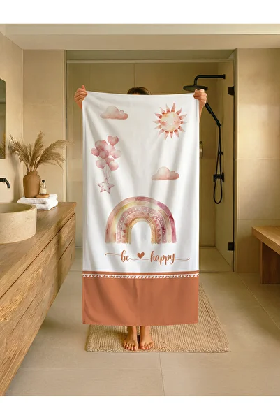 Talia Home Rainbow Be Happy Patterned Children's Beach - Pool - Bath Towel Tlaph-327