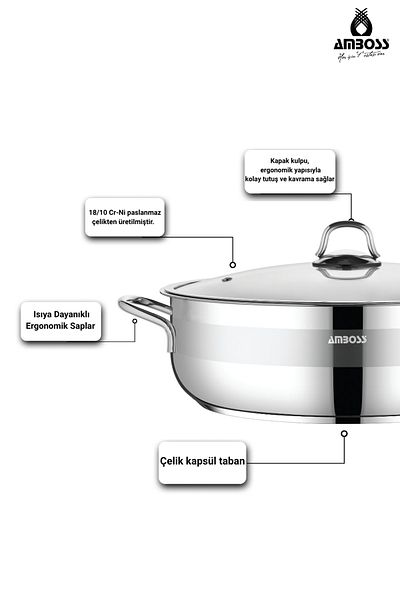 Amboss Saphire Stainless Steel Glass Covered Flat Pot 26 cm
