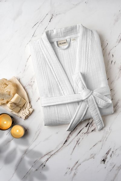 Denizli Concept White Unisex Kimono Muslin Bathrobe 100% Cotton & High Water Absorbent Quality Bathrobe
