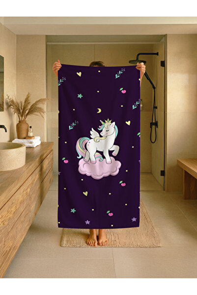 Talia Home Prosop de plajă pentru copii cu model de unicorn violet înnorat - ...