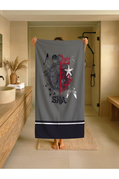 Talia Home Παιδική πετσέτα παραλίας - θάλασσας - πισίνας με γκρι σχέδιο Sailo...