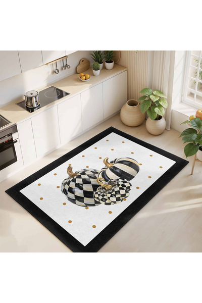 Realhomes Siyah – Beyaz Geometrik Desenli Mutfak Halısı Yıkanabilir Kaymaz Ta...
