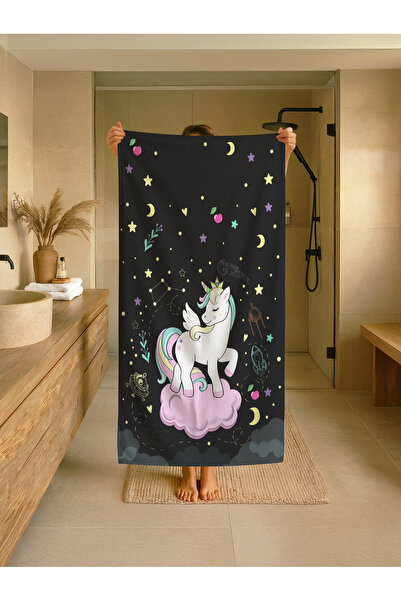 Talia Home Μαύρη πετσέτα παραλίας - θάλασσας - πισίνας με σχέδιο μονόκερου γι...