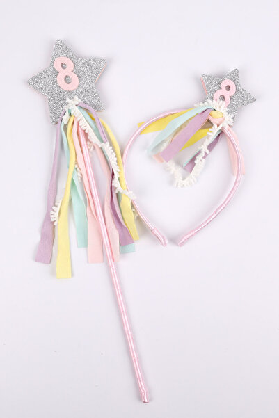 Le Mabelle Pink 8 Years Old Tasseled Star Girl's Party Scepter Crown Set