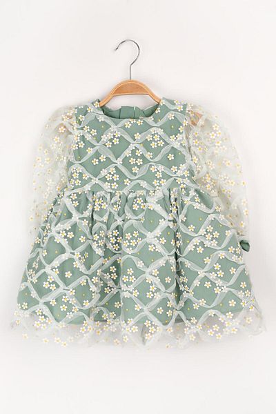 Le Mabelle Hera Green Long Sleeve Daisy Tulle Detailed Girl's Dress