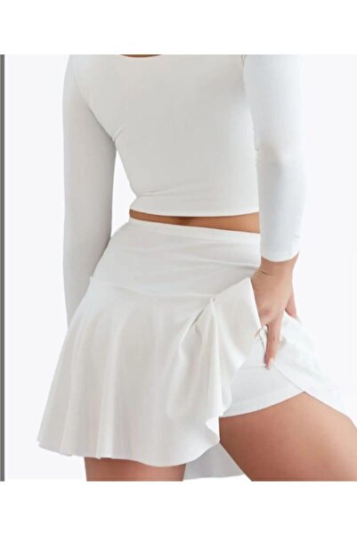 BBS Beyaz Spor Şort Etek Yüksek Bel Mikro Kumaş