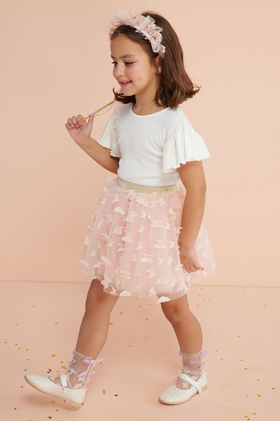 Le Mabelle Salmon Butterfly Appliqued Girl's Tulle Skirt - Pauline