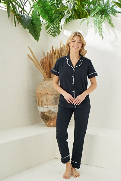 pijamacity Kadın Siyah Kısa Kollu Pamuklu Düğmeli Biyeli Pijama Takımı