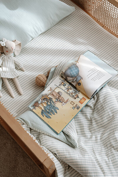 TBA COLLECTION Set de lenjerie de pat Montessori din muselină (100x200) | Seria Line - Albastru