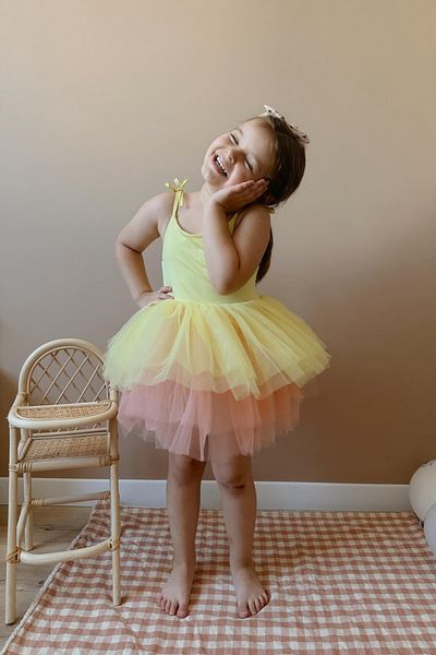 Le Mabelle Jade Color Girl's Ballerina Dress with Yellow Tutu Skirt - Strappy