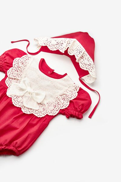 Le Mabelle Red Short Sleeve Baby Girl Jumpsuit with Hat Accessory - Perla