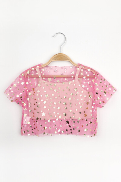 Le Mabelle Pink Star Printed Girl's Tulle Crop