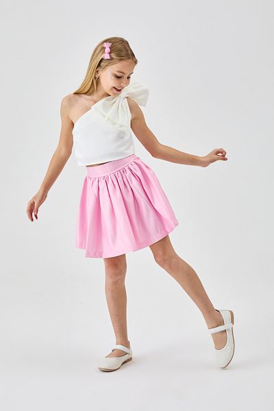 Le Mabelle Pink One Shoulder Bow Detailed Skirt Crop Girl's Double Suit - Luisa