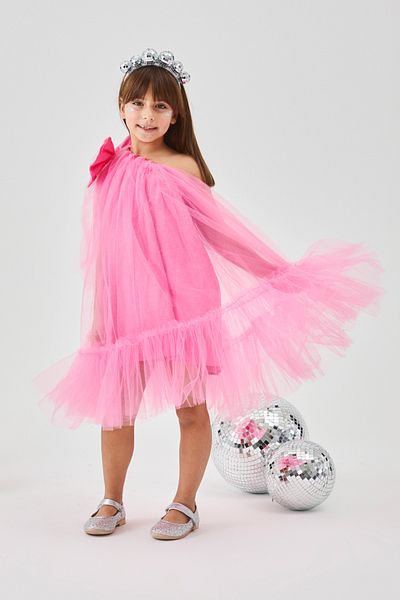 Le Mabelle Pink One-Shoulder Bow Girl's Tulle Dress - Orlene