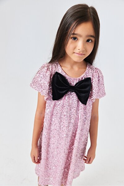 Le Mabelle Pink Sequin Bow Detailed Girl's Dress - Rhea