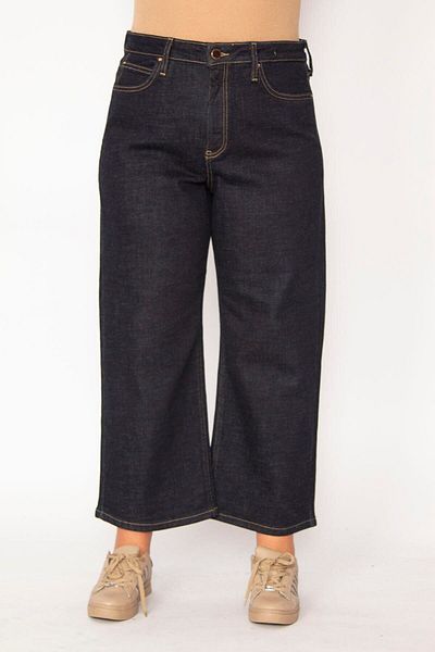 Şans Women's Plus Size Navy Blue Wide Leg High Waist 5 Pocket Lycra Jeans 65n29279