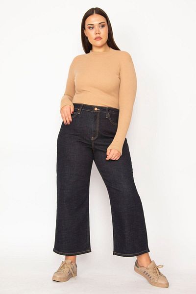 Şans Women's Plus Size Navy Blue Wide Leg High Waist 5 Pocket Lycra Jeans 65n29279