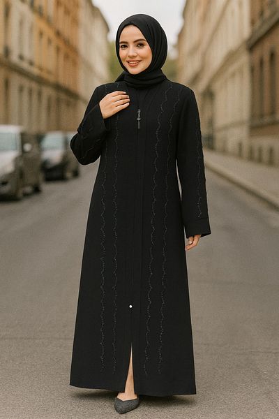 Neva Style Black Hijab Ferace with Bead Embroidery 29113S