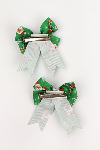 Le Mabelle Green Santa Claus Patterned 2-Piece Girl's Bow Clip Buckle
