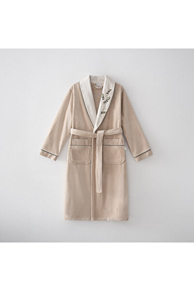 Ecocotton Beige Colored Deep Women's Bathrobe - 100% Organic Cotton Hand Embroidered