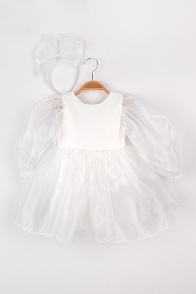 Le Mabelle White Long Sleeve Organza Girl's Party Dress - Sage