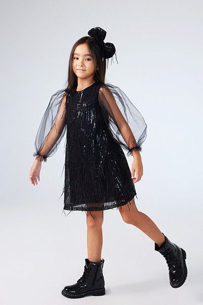 Le Mabelle Emery Girl's Dress - Black Sequin and Fringe Detail