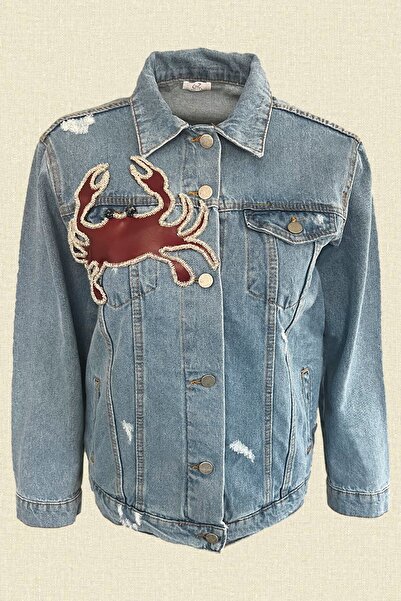 GZ Design Bordo Deri Üzeri Boncuk Işlemeli Yengeç Figürlü Jean Ceket