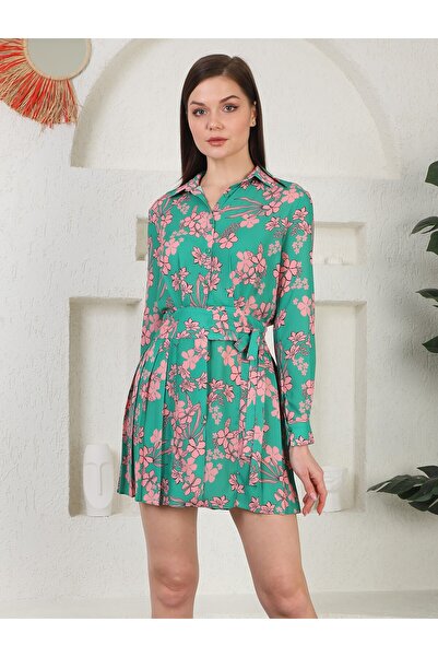 gökçesu Women's Shirt Dress with Patterned Tie Detail