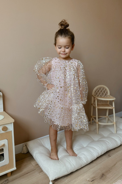 Le Mabelle Star Printed Powder Balloon Sleeve Girl's Dress - Daria