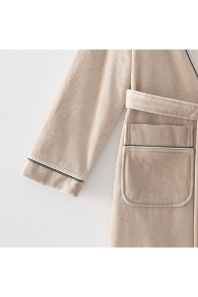 Ecocotton Beige Colored Deep Women's Bathrobe - 100% Organic Cotton Hand Embroidered